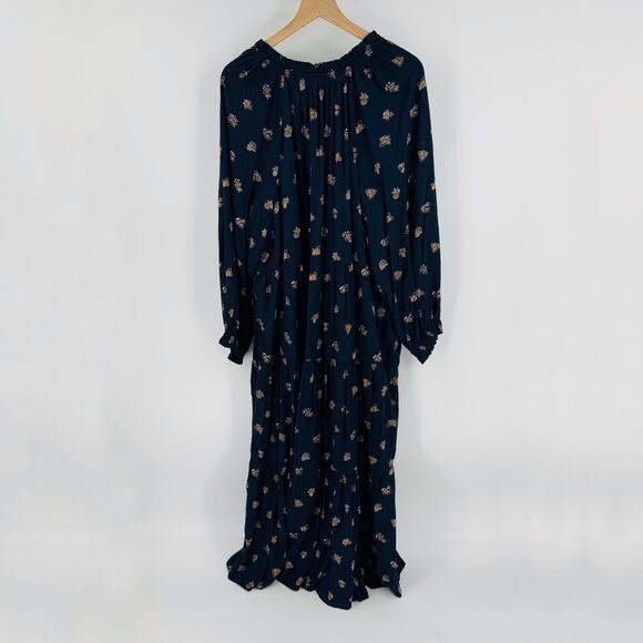Madewell Plus Challis Floral Midi Dress Navy Boho Long Sleeve Tiered Flowy 2X - Picture 3 of 13